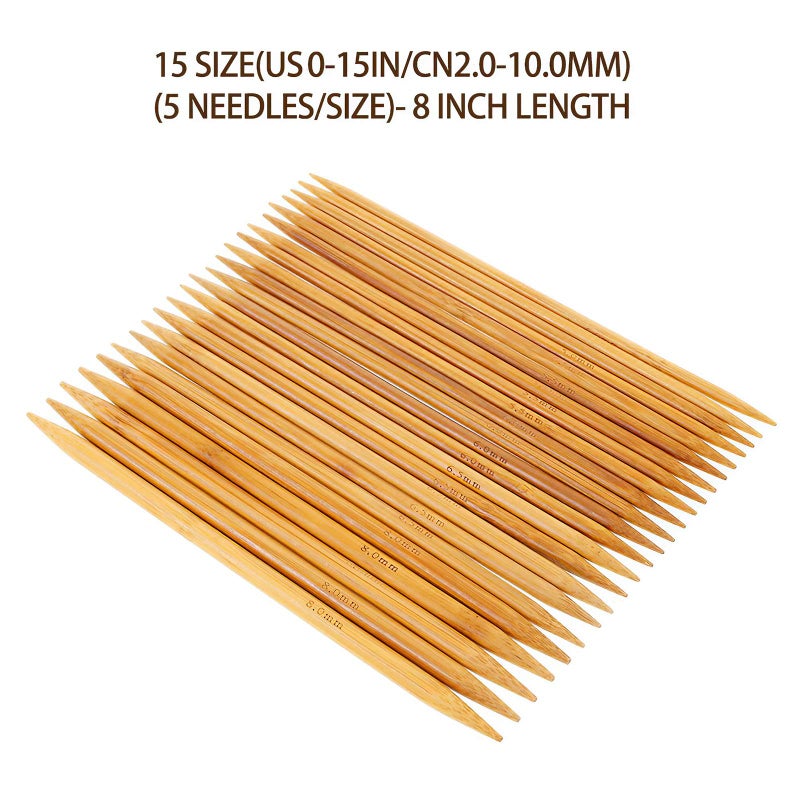 RELIAN Double Pointed , 75 Pcs Bamboo Knitting Needles Set, 15 Sizes from 2.0mm-10.0mm(8 Inches Length)+ 4Pcs Knitting Needles Point Protectors - Image 3